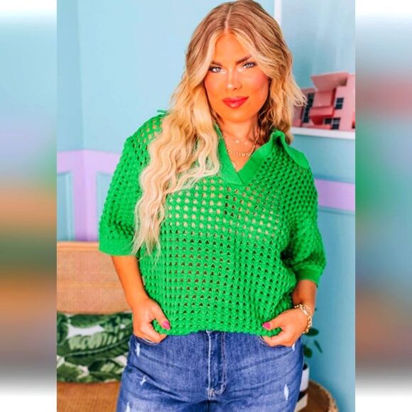 Off-the-Shoulder Green Textured Knit Sweater - Picture 2 of 8